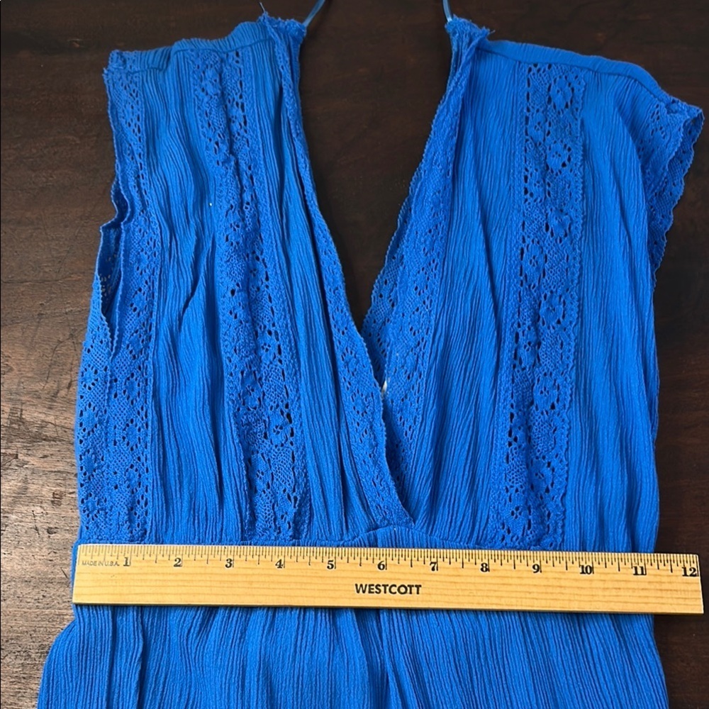 Love Tree Blue Wrap-Style Jumpsuit with V-Neckline and Flared Legs Sz S - Picture 7 of 10